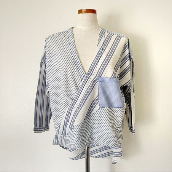 Anthropologie Holding Horses Blue Zeni striped high low cotton shirt Medium - Picture 1 of 6